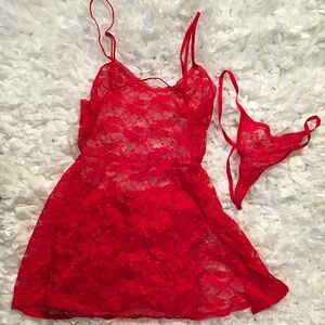 Victoria's Secret Red Lace Chemise with Matching G-String